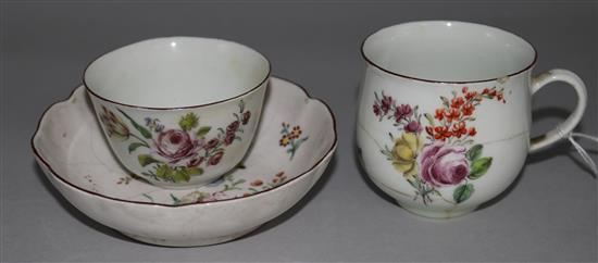 A Chelsea coffee cup (badly cracked), a Chelsea saucer (badly cracked and a Chelsea teabowl, all red anchor, c.1755